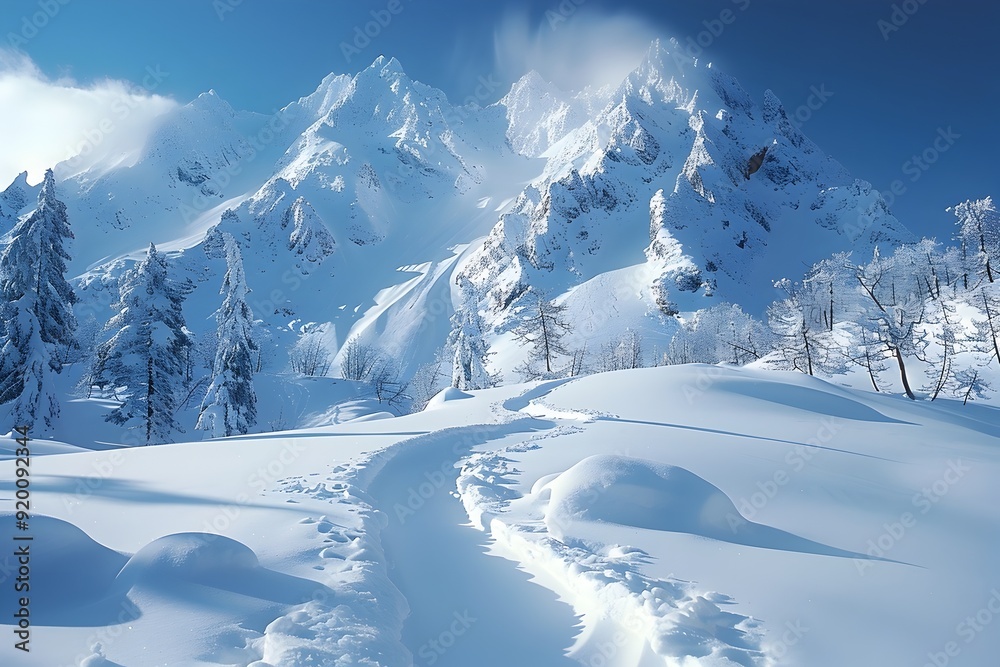 Obraz premium Majestic Snow-Covered Mountain Range Against Crystalline Blue Sky in Scenic Alpine Wilderness