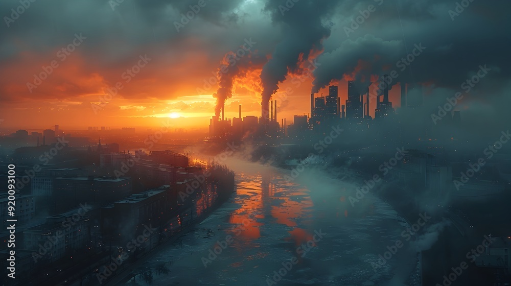 Towering Industrial Landscape with Smoky Factories and Dramatic Sunset Reflection Towering Industrial Landscape with Smoky Factories and Dramatic Sunset Reflection