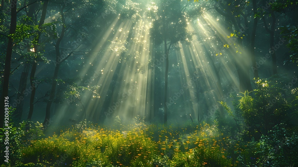 Obraz premium Mystical Enchanted Forest with Sunbeams Filtering Through Ethereal Mist