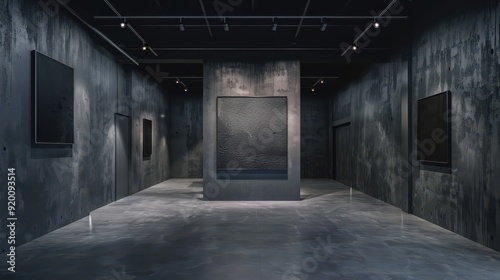 Empty Gallery with Black and White Art on Rough Concrete Walls