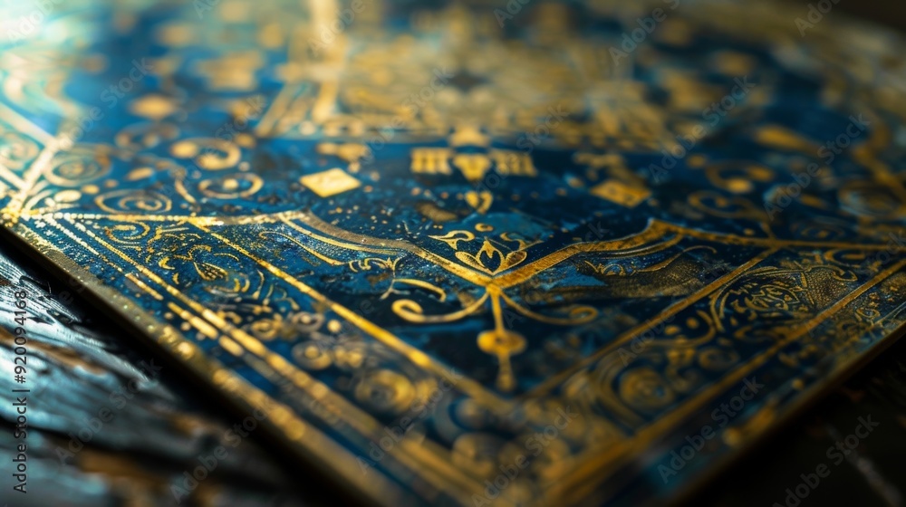 Φωτογραφία A closeup of a vintage playing cards face showing off the glossy finish and intricate geometric patterns in faded blue and gold