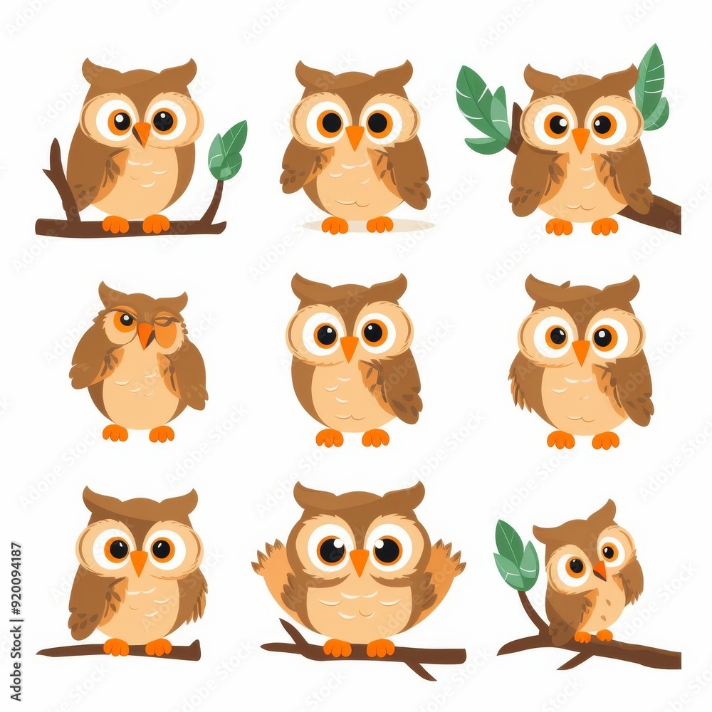 Cute Cartoon Owl Illustrations on Branches with Green Leaves - Set of Adorable Owl Characters Cute Cartoon Owl Illustrations on Branches with Green Leaves - Set of Adorable Owl Characters