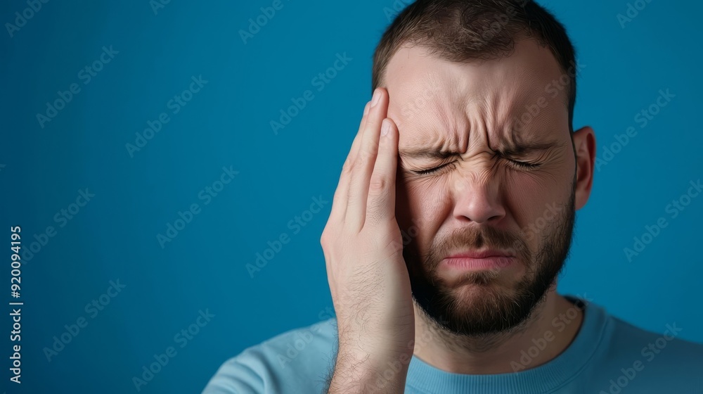 Closeup of a person rubbing their temple, severe headache pain, acute discomfort, health and wellness Closeup of a person rubbing their temple, severe headache pain, acute discomfort, health and wellness