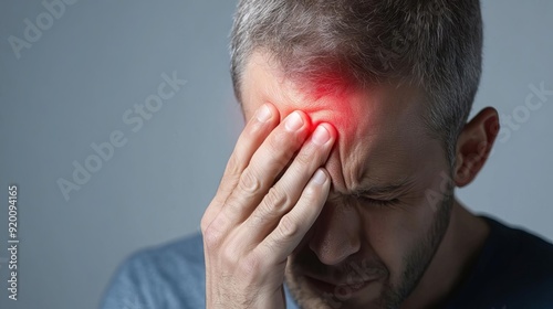 Closeup of a person rubbing their temple, severe headache pain, acute discomfort, health and wellness