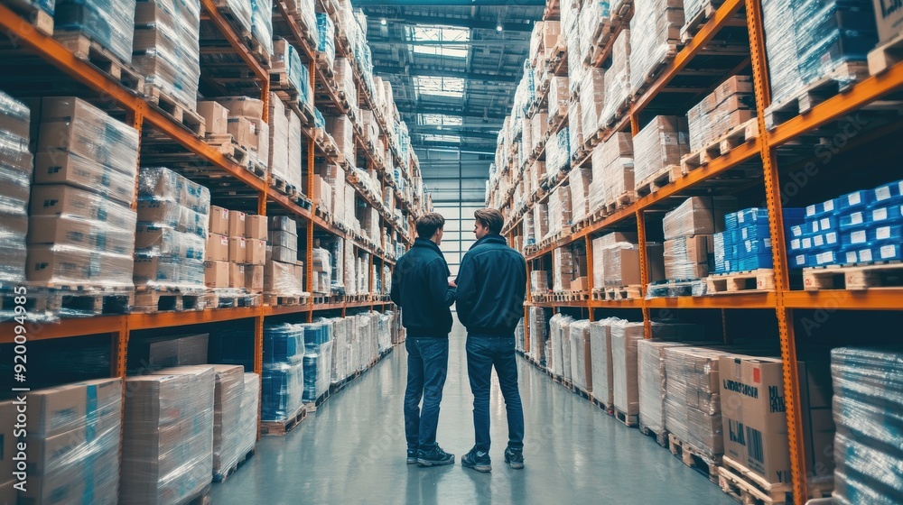 Two men standing in a warehouse, looking at boxes. Scene is serious and focused Two men standing in a warehouse, looking at boxes. Scene is serious and focused