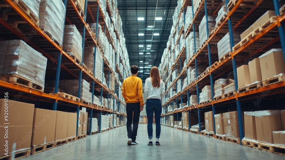 A man and a woman are walking through a large warehouse. The man is wearing a yellow shirt and the woman is wearing a white shirt. They are both looking at the boxes on the shelves A man and a woman are walking through a large warehouse. The man is wearing a yellow shirt and the woman is wearing a white shirt. They are both looking at the boxes on the shelves