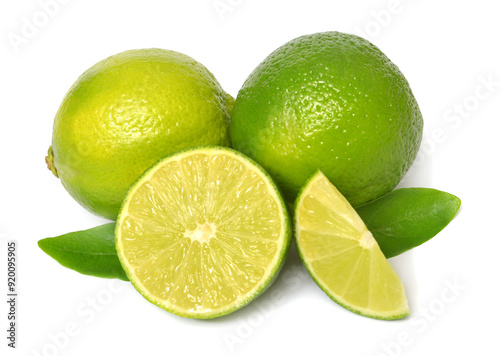 Lime fruit whole and slice with leaves isolated on white background