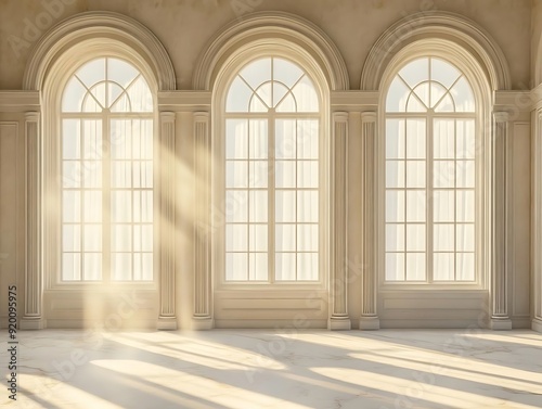 Three Large Arched Windows With Sunlight Streaming In 3D Illustration