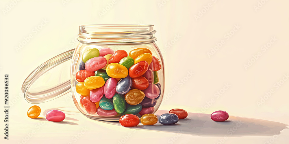 An illustration of an open glass jar with colorful jelly beans inside, generative AI An illustration of an open glass jar with colorful jelly beans inside, generative AI