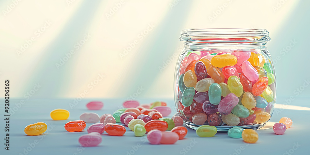 An illustration of an open glass jar with colorful jelly beans inside, generative AI An illustration of an open glass jar with colorful jelly beans inside, generative AI