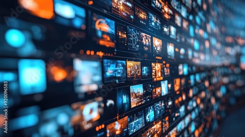 A wall of screens displaying a variety of images. Scene is energetic and dynamic, with the screens displaying a wide range of colors and shapes