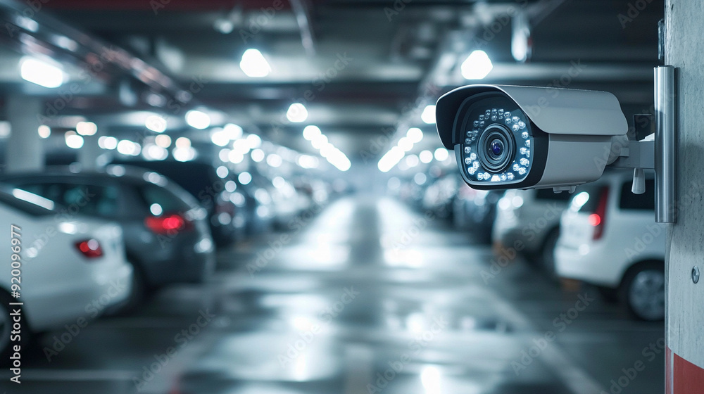High-tech ip security camera in parking garage safet High-tech ip security camera in parking garage safet