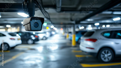 High-tech ip security camera in parking garage safet