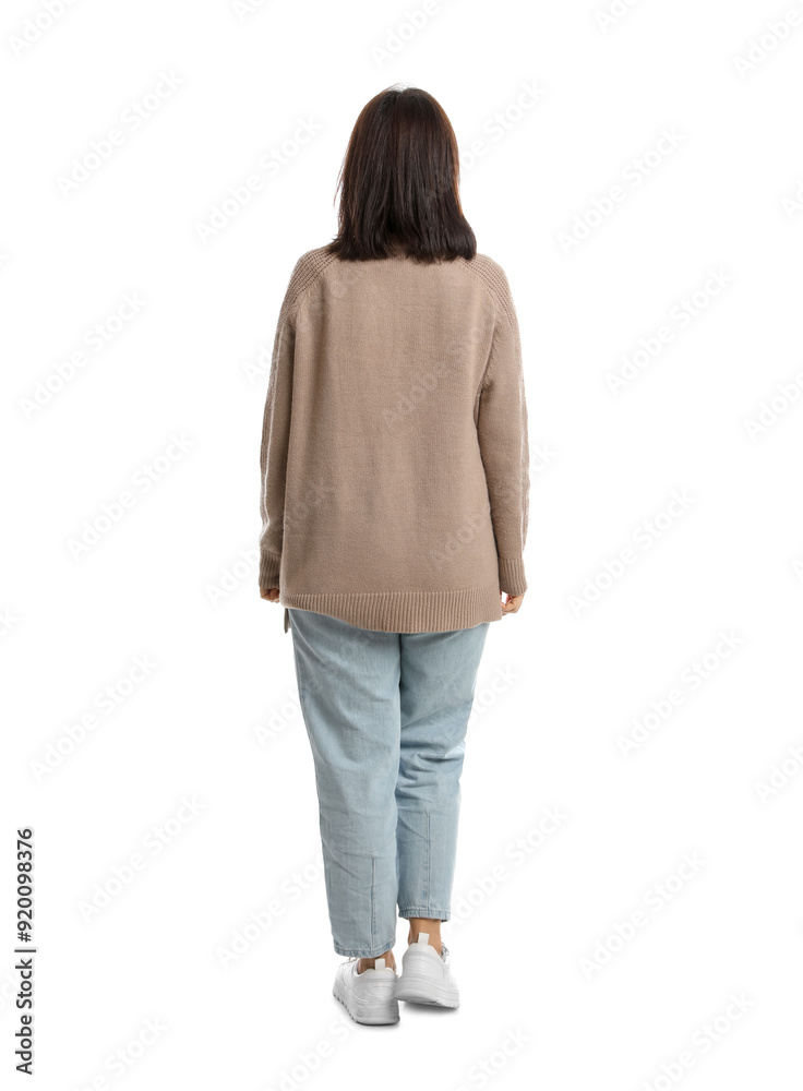 Mature woman in casual clothes on white background, back view