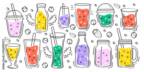 Smoothies cocktails, juices, lemonades, summer beverages in different cups and glasses sketch set