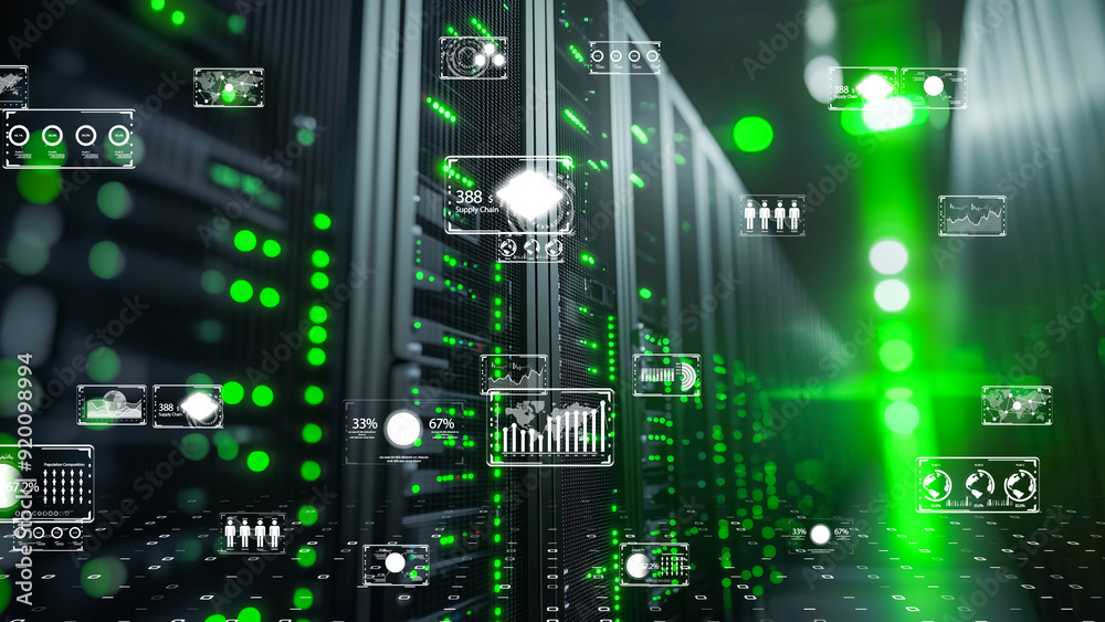 Futuristic server room with a transparent globe and digital information overlays Futuristic server room with a transparent globe and digital information overlays