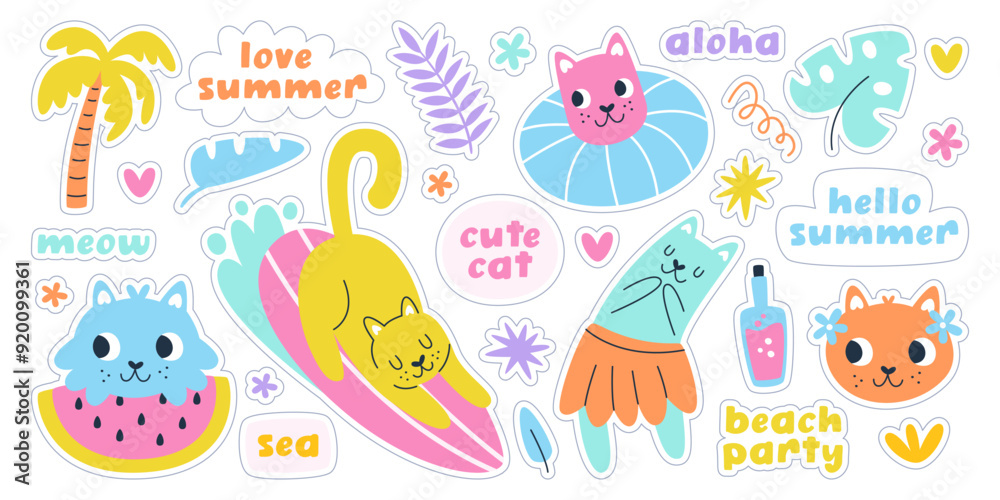 Cute cat characters enjoying beach party and summer vacation time stickers set isolated on white Cute cat characters enjoying beach party and summer vacation time stickers set isolated on white