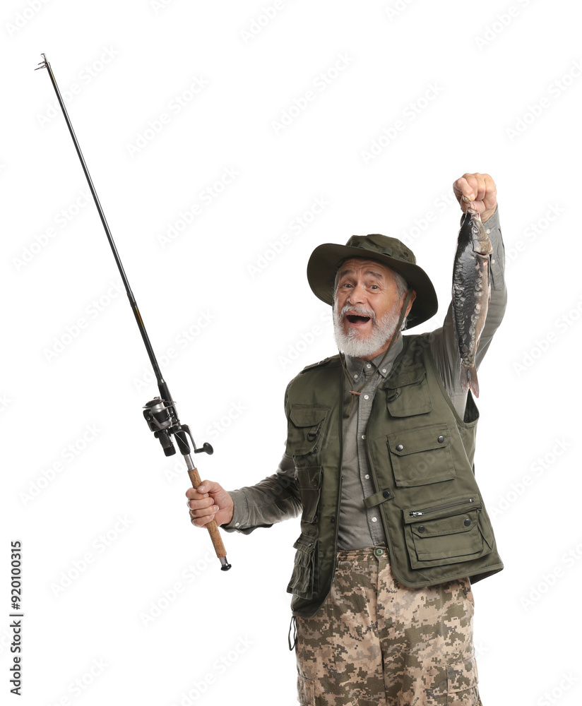 Fisherman with rod and catch on white background Fisherman with rod and catch on white background