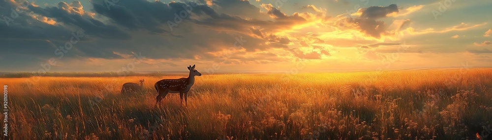Golden Grass Field with Deer at Sunset Illustration Golden Grass Field with Deer at Sunset Illustration