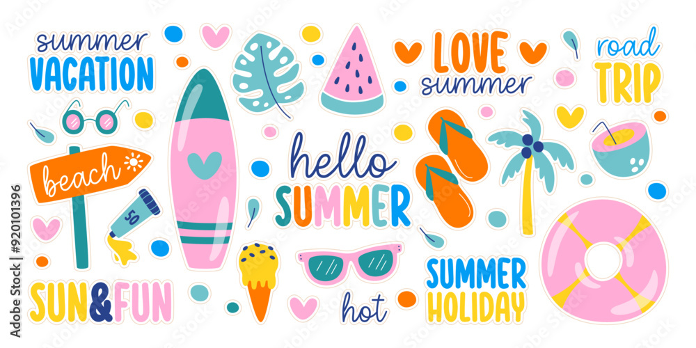 Summer holidays vacation and rest on beach stickers with travel and leisure activity supplies Summer holidays vacation and rest on beach stickers with travel and leisure activity supplies