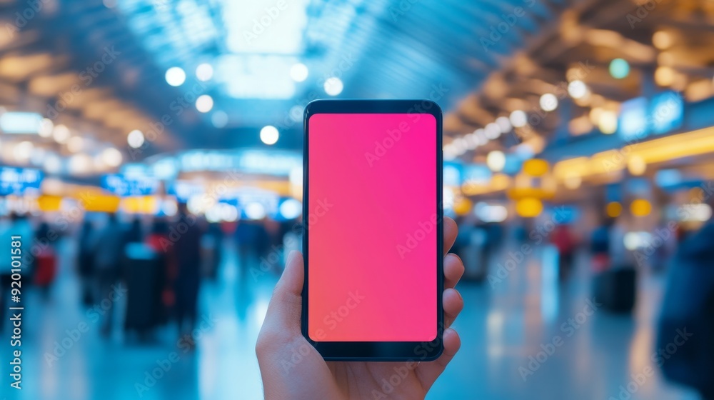 Obraz premium Insured Travels: Smartphone App Displaying Coverage Details in Vibrant Airport Setting