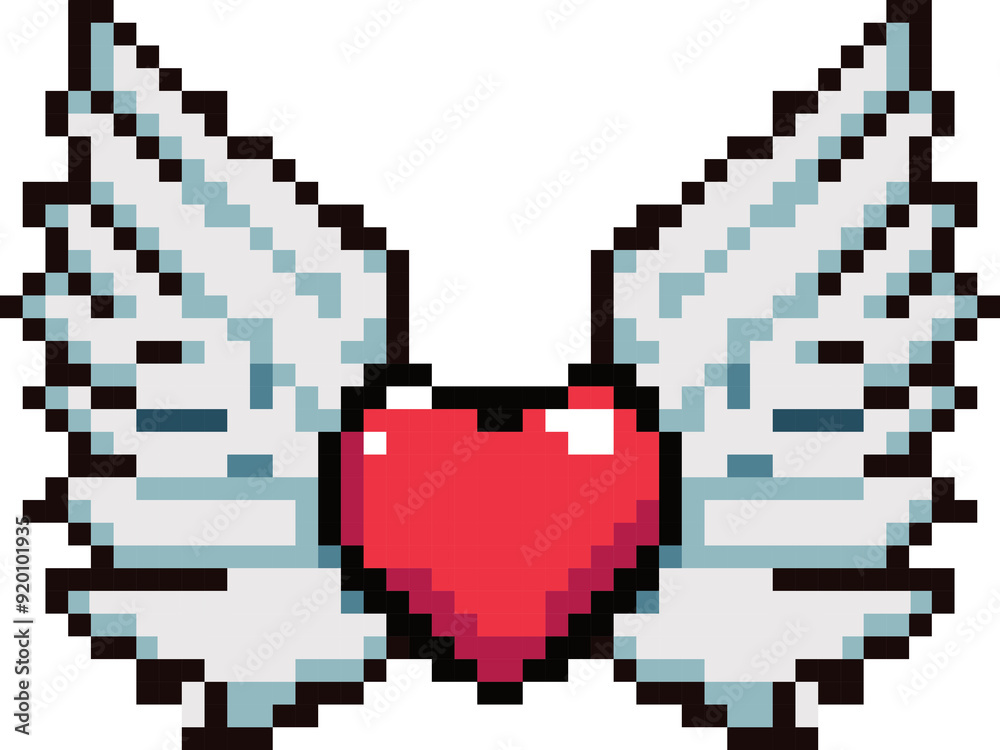 Fototapeta premium Red Heart With White Angel Wings 8-bit Pixel Art: Romantic power-up item or extra life sprite asset perfect for indie game developers, streamer UI elements, and retro-themed Valentine designs