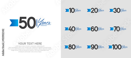 anniversary logotype set. black number and blue ribbon for celebration