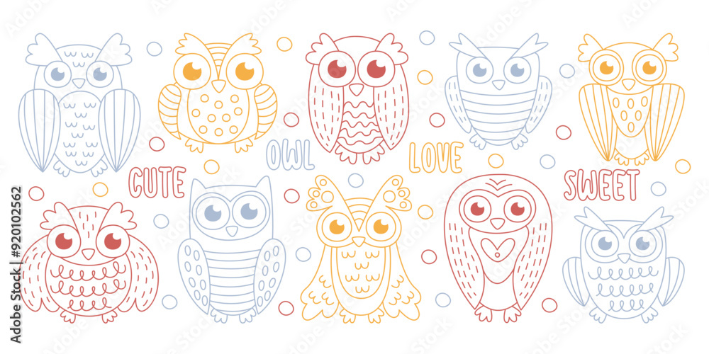 Cute funny owls wild forest birds in hand drawn graphic doodle line art sketch style collection Cute funny owls wild forest birds in hand drawn graphic doodle line art sketch style collection