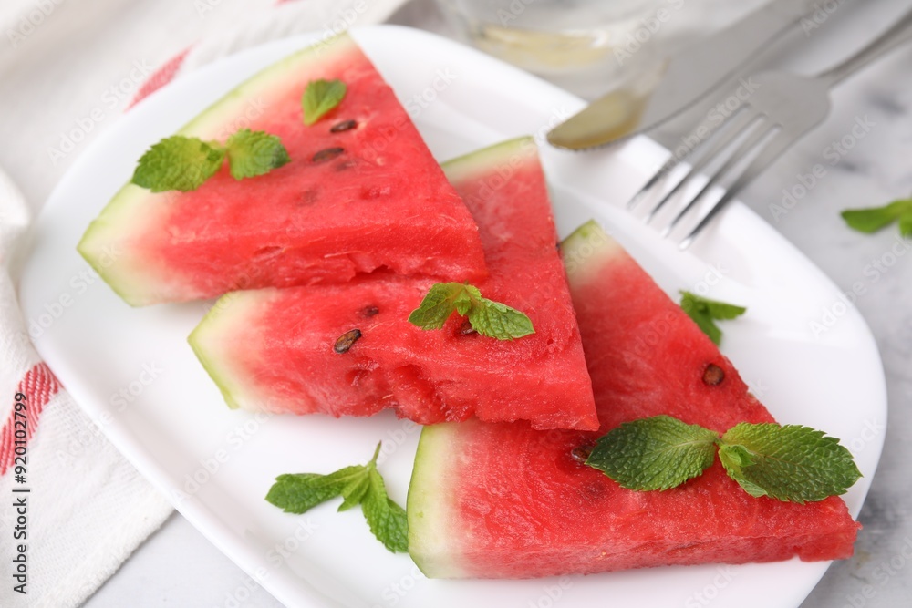 Fresh watermelon slices with mint leaves on table, closeup Fresh watermelon slices with mint leaves on table, closeup