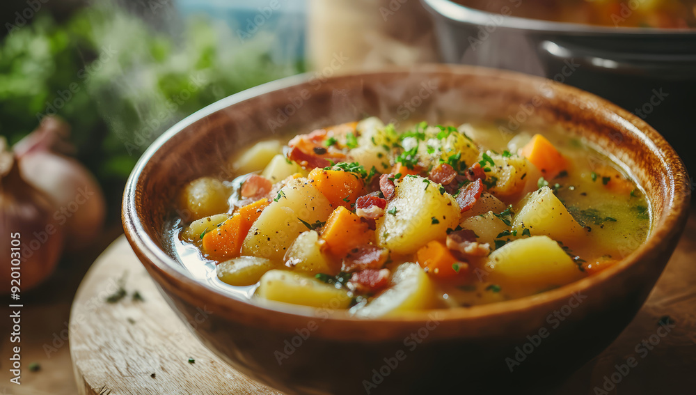 Traditional german potato soup with carrots and bacon Traditional german potato soup with carrots and bacon