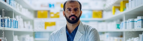 Pharmacist in White Coat Standing in Pharmacy with Shelves of Medications - Photo