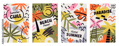 Hello summer beach vacation posters set with hand drawn grunge scribble brush stroke design