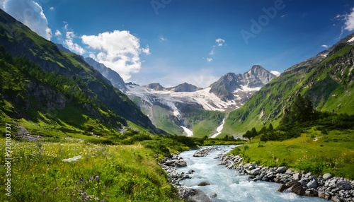 A beautiful mountain valley with river and blue sky. Wallpaper