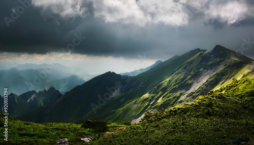 Scenic panoramic view of mountain hills landscape with blooming meadows and majestic alpine mountain peaks in the background on a colorful sunset with overcast sky in summer. nature scenery. Wallpaper