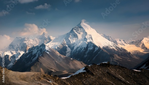 Beautiful mountain peaks in snow in winter at sunset. Colorful landscape with high snowy rocks in fog, blue sky with clouds in cold evening. Wallpaper