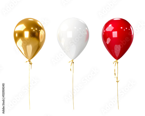Realistic golden, white and red balloons isolated on transparent background for party and celebrations. Balloons for Birthday, festive party banner. Festival decorations