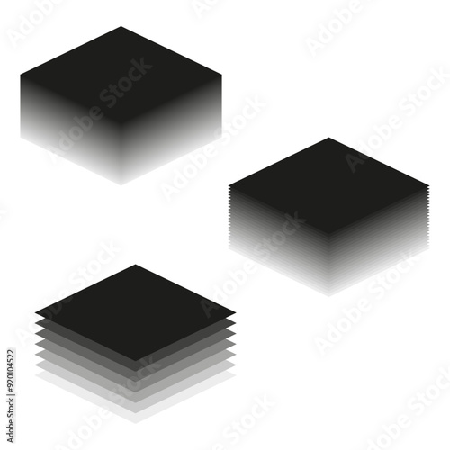 Black gradient cubes. Isometric geometric shapes. Three-dimensional stacked layers. Abstract monochrome design.