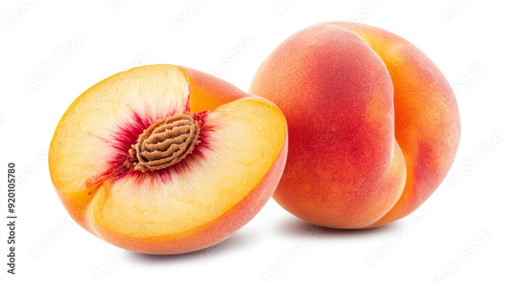 Isolated peaches. Two whole peach fruits and a slice isolated on white background, with clipping path stock photo Isolated peaches. Two whole peach fruits and a slice isolated on white background, with clipping path stock photo