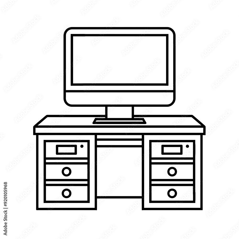 desk with computer icon over white background, line style,