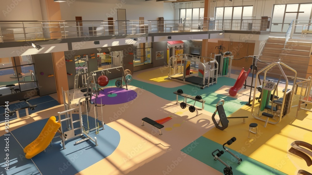 A 3D gym environment designed for family fitness, featuring areas and equipment suitable for all ages and fitness levels. A 3D gym environment designed for family fitness, featuring areas and equipment suitable for all ages and fitness levels.