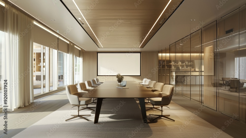 A 3D-rendered business meeting room with a long table, chairs, and a large screen for presentations. A 3D-rendered business meeting room with a long table, chairs, and a large screen for presentations.