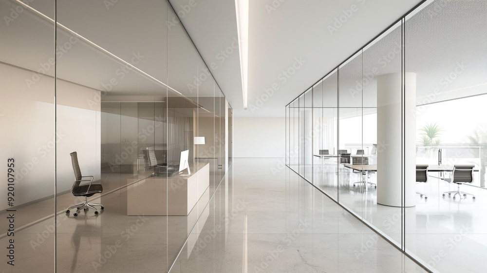 a sleek, minimalist office interior design with clean lines, a neutral color palette, and functional furniture. Include glass partitions, streamlined desks, and ample natural light. office background a sleek, minimalist office interior design with clean lines, a neutral color palette, and functional furniture. Include glass partitions, streamlined desks, and ample natural light. office background