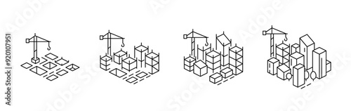 Construction process stage of a new district modern city. Vector icons of isometry. Vector editable outline line stroke.