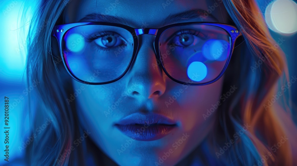 Close-up portrait of a woman wearing glasses with blue and purple lighting. Close-up portrait of a woman wearing glasses with blue and purple lighting.