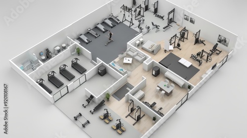 A 3D-rendered layout of a comprehensive fitness center, integrating traditional gym equipment with innovative wellness solutions.