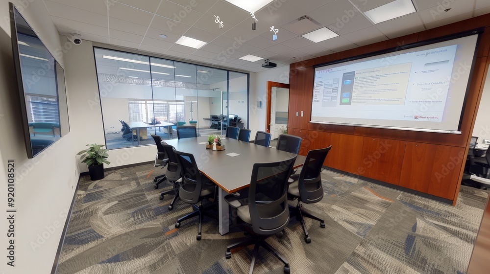 A business office conference room with a large table, ergonomic chairs, and a digital whiteboard. A business office conference room with a large table, ergonomic chairs, and a digital whiteboard.