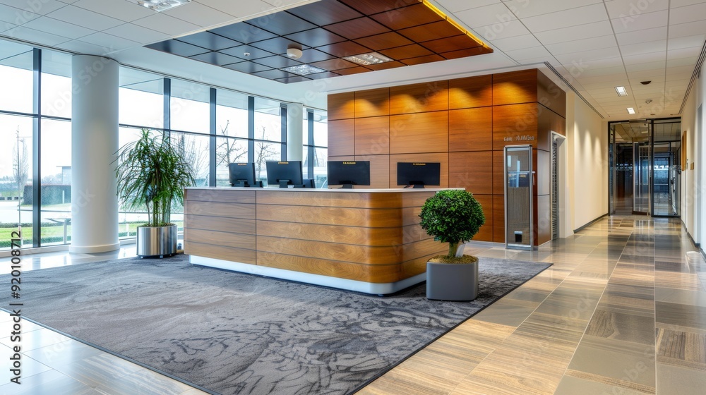 Fototapeta premium A business office with a spacious reception area, welcoming clients with a friendly atmosphere.