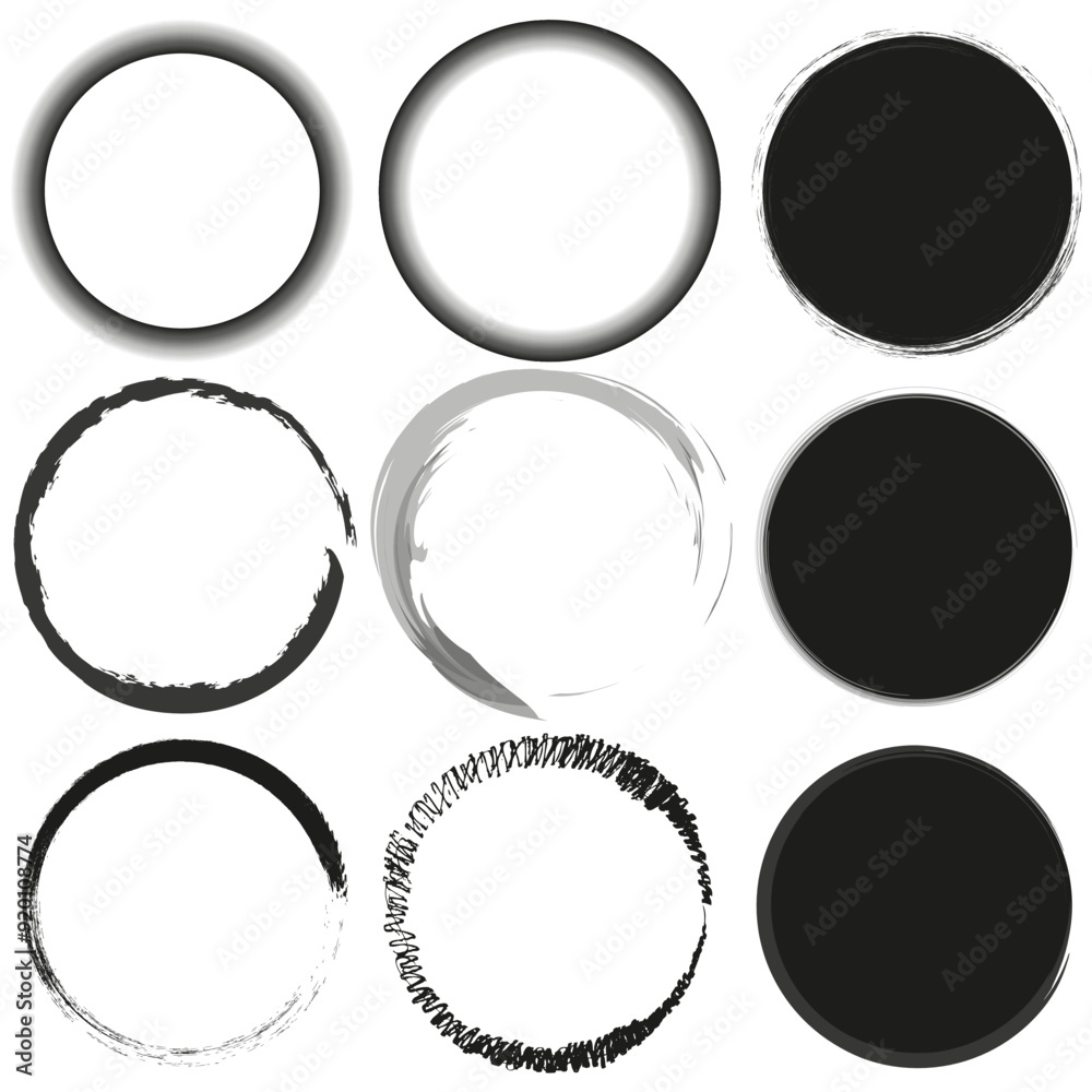Grunge circle frames set. Black and white vector borders. Various design styles. Grunge circle frames set. Black and white vector borders. Various design styles.