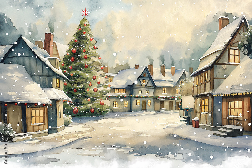 Fototapeta premium watercolor painting of snow covered houses, chirstmas decorations, winter and christmas concept