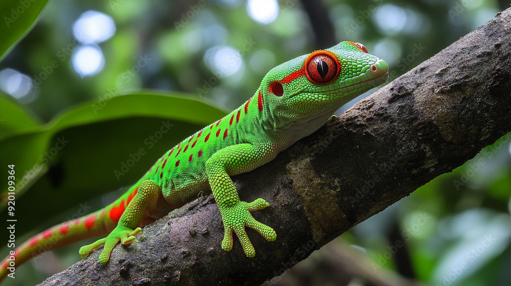 Detailed view of a Madagascar Giant Day Gecko (Phelsuma grandis) resting on a tree branch, highlighting its vivid green coloration and distinctive markings. A striking example Detailed view of a Madagascar Giant Day Gecko (Phelsuma grandis) resting on a tree branch, highlighting its vivid green coloration and distinctive markings. A striking example